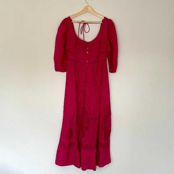Free People Lisa Embroidered Lace Midi Dress Size S Pink Puff Sleeves Boho BNWT - Picture 2 of 16